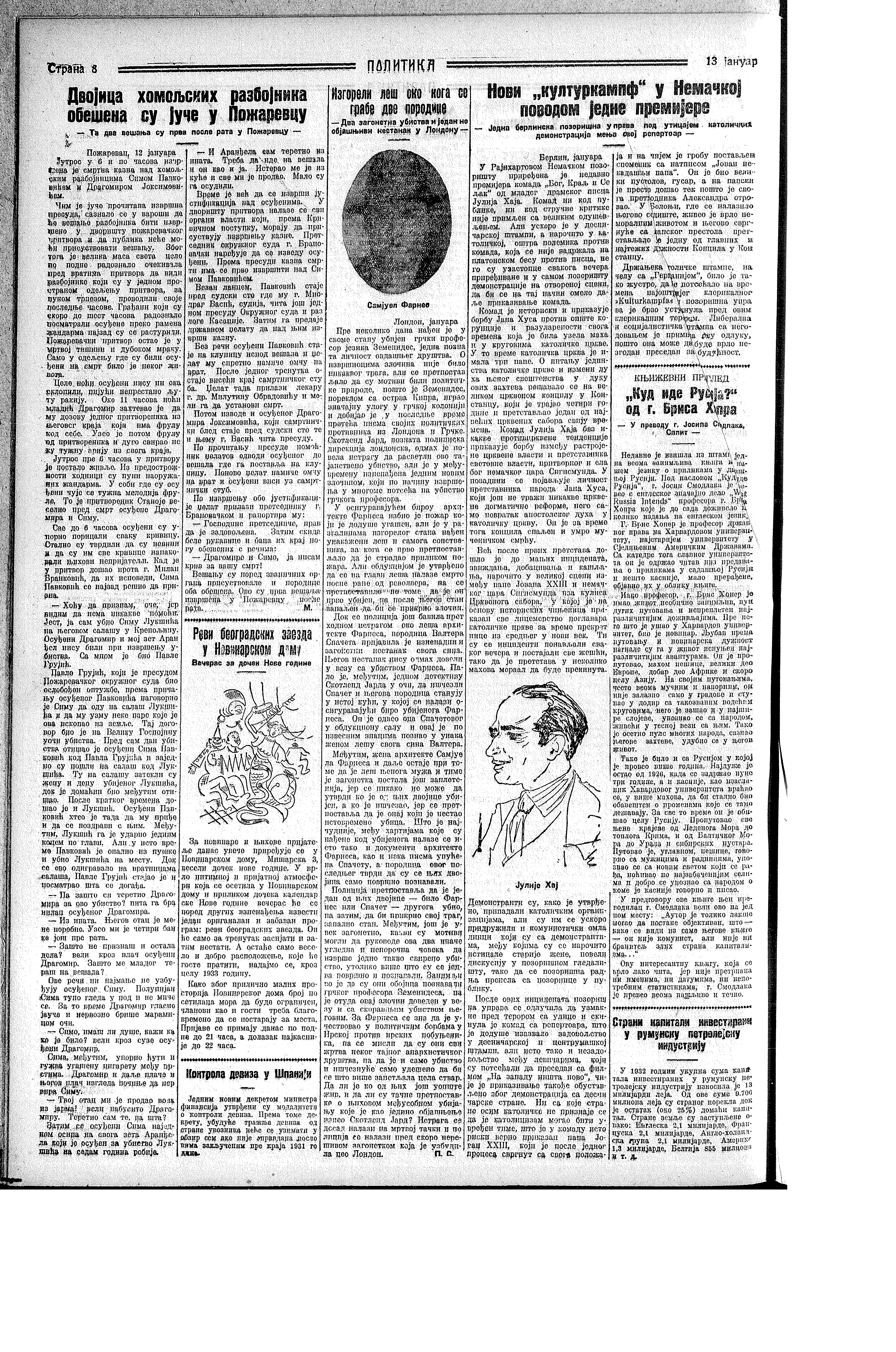 Dvojica homoljskih razbojnika obešena, Politika, 13.01.1933.